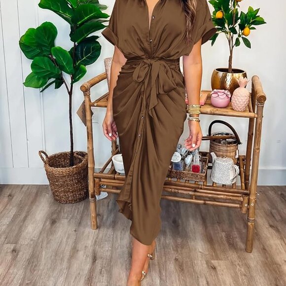 NWT Ruched Shirt Dress Satin Short Sleeve (Large- Brown) - Picture 3 of 5